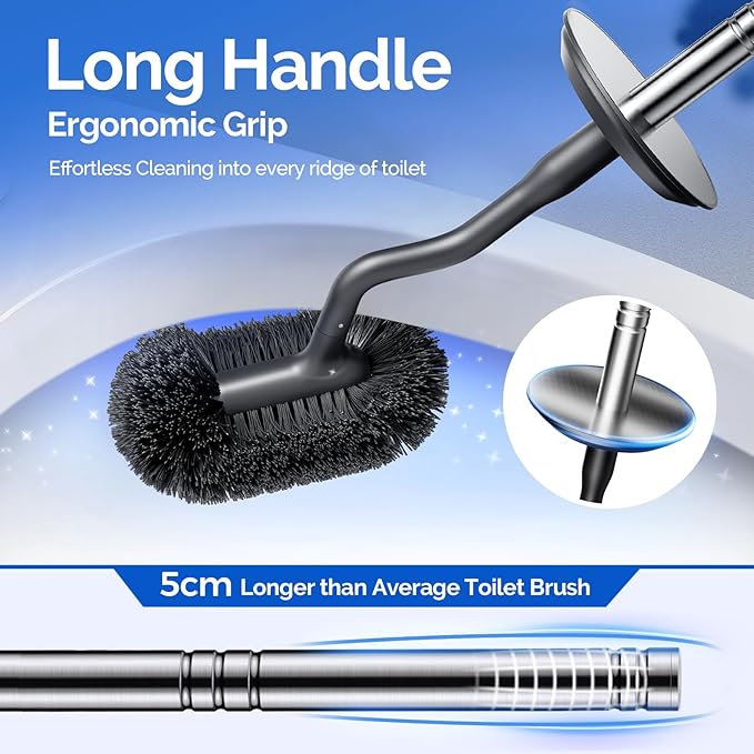 HAMITOR Toilet Brush and Holder Set Under Rim Deep Cleaning Curved Bristle