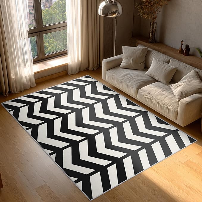 4x5 Black and White Chevron Rugs for Bedroom Decor, Washable Chevron Geometric Pattern Area Rug, Living Room Home Decoration, Non Slip Soft Thin, Modern Zigzag Decor Carpet PF-P 49