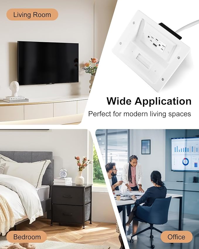 TV Cord Hider for Wall Mounted TV with Recessed Wall Outlet, in-Wall Cable Management Kit with 9.84ft Cord, DIY Installation Kit with Hardware, for Workspace Living Room (2AC + USB-A + USB C)