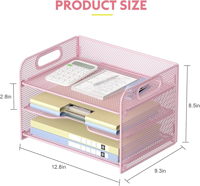 Samstar 3 Tier Pink Letter Tray Paper Organizer with Handle, Mesh Desk Organizer Paper Sorter File Rack Shelves, Pink