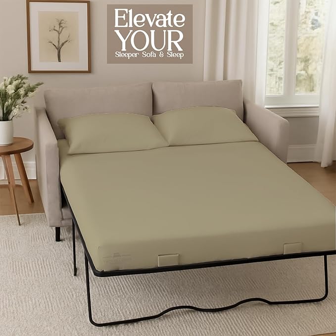 Sleeper Sofa 4 Piece Bed Sheet Set Premium Quality 100% Cotton 500 Thread Count, Smooth & Super Soft Sateen Weave, Extra Soft Bed Sheets, Wrinkle Free, 6 Inch Deep Pocket (Queen, Beige)