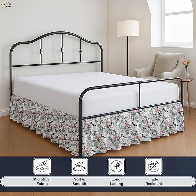 Cottington Lane Ruffled Bed Skirt Queen Size with Split Corner, Brushed Microfiber Hotel Quality Dust Ruffle, 16 Inch Drop Gathered Bedskirt, Soft, Stylish, Shrink & Fade Resistant, Petal Dream