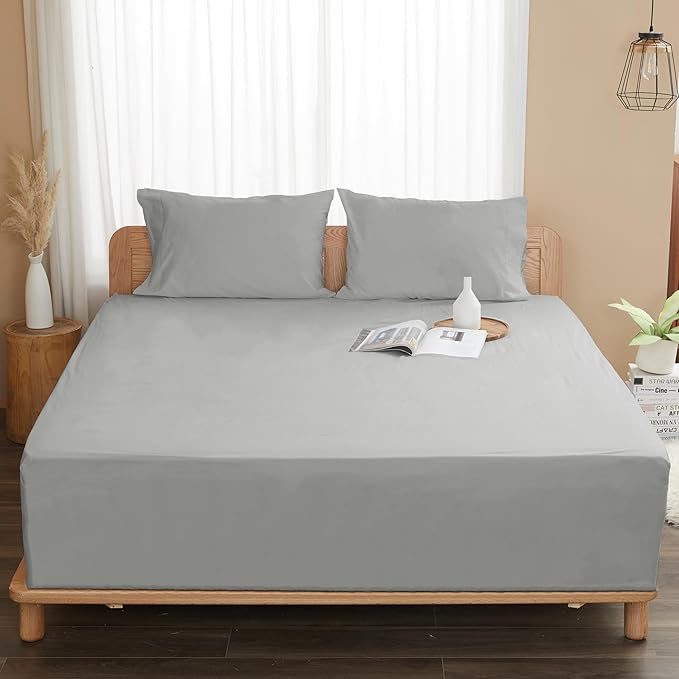 Sunflower California King Fitted Sheet, 1-Piece Extra Deep Pocket Fitted Bottom Sheet 22", 100% Cotton Sateen Soft Breathable, Silver Gray