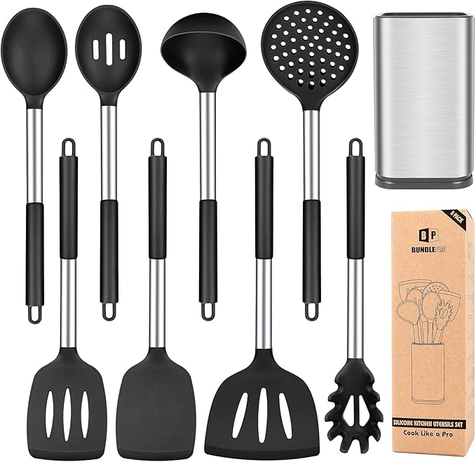 Silicone Kitchen Utensils Set, 8Pcs Cooking Utensils with Holder, Red