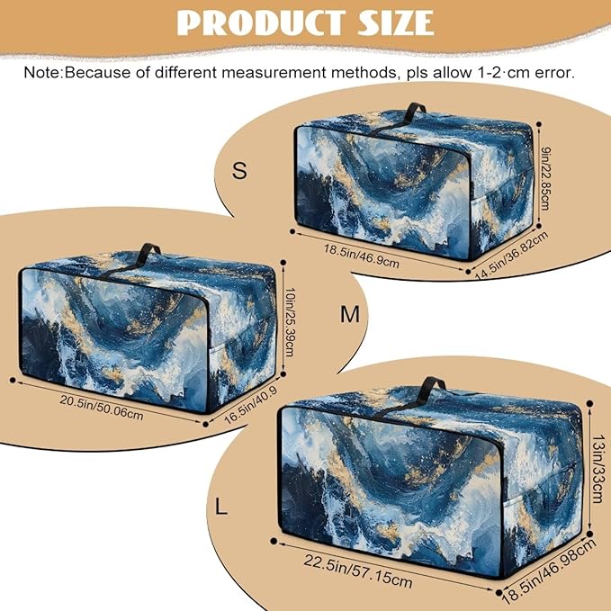Blue Golden Marble Texture Print Microwave Oven Cover Dust-Proof Polyester-Linen Fabric Toaster Oven Cover Easy to Clean Microwave Grill Cover Protector with Top Handle, L