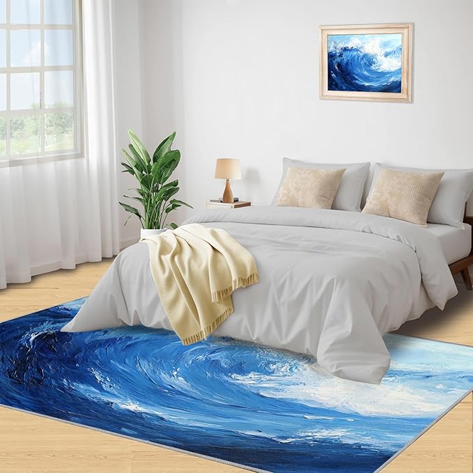 Japanese Ocean Rugs for Bedroom - 4x6 Area Rug - Ukiyo-E Ocean Waves Rugs for Living Room, Abstract Oil Painting Ocean Rug, Washable Home Decor Carpet