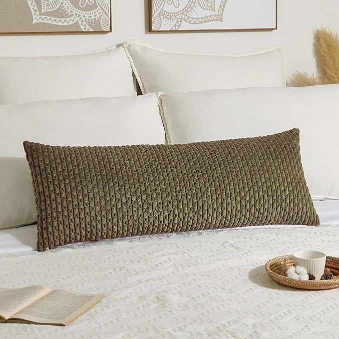 Kevin Textile 14x36 Inch Long Lumbar 1 Pack Boho Decorative Throw Pillow Cover Soft Striped Corduroy Rectangle Cushion Case Farmhouse Solid Color Accent for Living Room Couch Sofa Bed, Olive Green