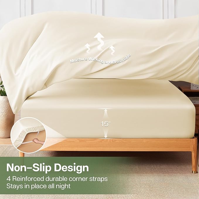 MR&HM Twin Fitted Sheet Only, Ultra-Soft Rayon Derived from Bamboo & Polyester Blend, Silky & Breathable, 15" Deep Pocket with Elastic Straps, Cooling Fitted Sheet for Hot Sleepers, Cream