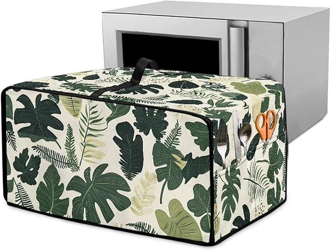 Monstera Palm Leaf Print Microwave Oven Dust Cover Foldable Microwave Toaster Oven Cover Easy to Clean Dust-Proof Kitchen Machine Covers Case Protections Protector, L