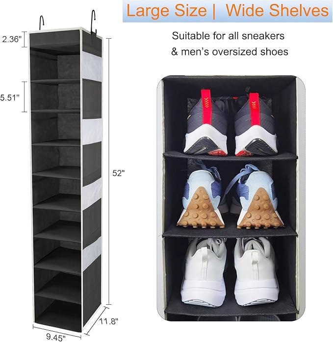 2 Pack Large-Sized Hanging Shoe Organizer 10-Shelf, Sturdy Hanging Closet Organizer with 8 Side Pockets, Wider Hanging Shelves for Storage Shoes Clothes Jeans Shirts Toys, Black