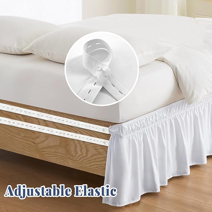 Queen Bed Skirt, Elastic Wrap Around Bed Skirt Queen Size, Bed Skirts for Adjustable Bed, Easy Fit with 14" Drop Length Tailored Drop Dust Ruffle (White)