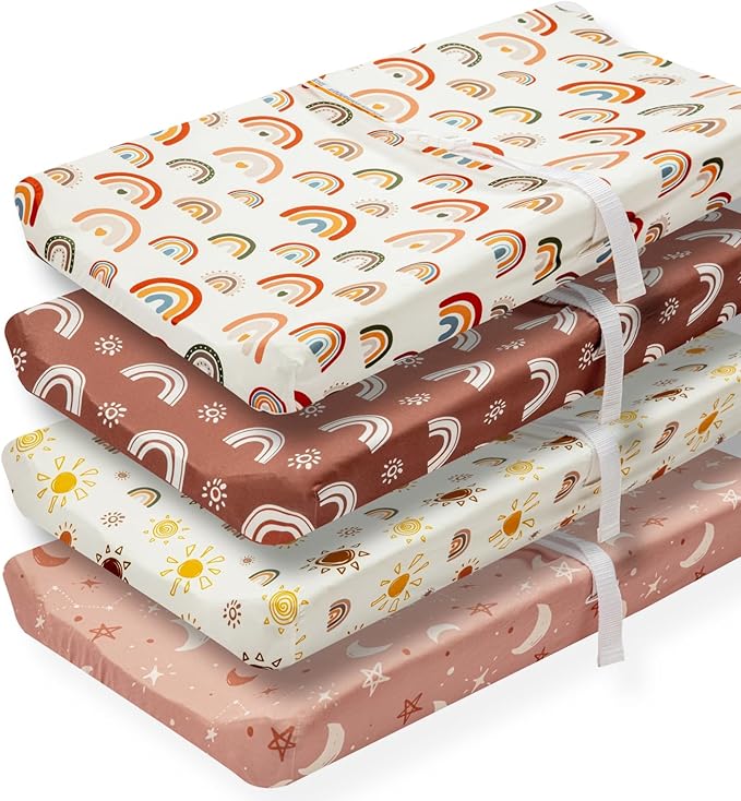 4 Pack Boho Nursery Sheets - Sunshine and Rainbow Design, Neutral Unisex Fitted Baby Changing Pad Cover Sheets for Baby Boys or Girls