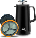 PortableAnd 34oz Double Vacuum Insulation Large Silicone French Press Coffee Maker, Metal Stainless Steel, Matte Black, Perfect for Camping, Travel, and At-Home Use (Light Gold)