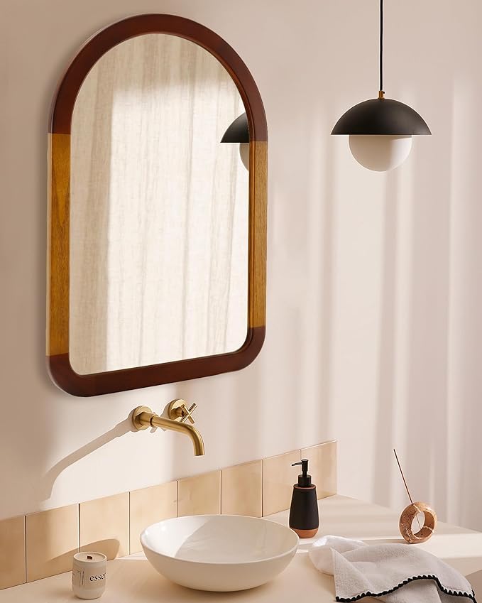 Arched Mirror 24 x 36 Inch,Brown Wood Rustic Bathroom Tempered Wall Mirror with Wood Frame,Round Corner Arch Farmhouse Wooden Vanity Mirror for Living Room,Entryway or Bedroom（Walnut Brown）