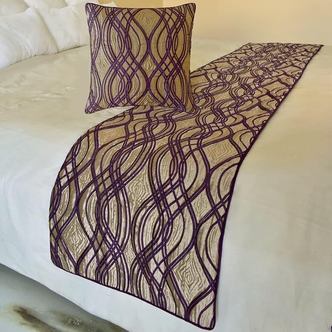 The HomeCentric King/Queen/Twin Plum Designer Twin 53"x18" Bed Runner Without Pillow Cover, Quilted Bed Scarf on Jacquard Fabric - Plum Swirls