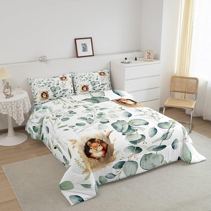 Erosebridal Kawaii Squirrel Queen Bedding Sets for Boys Girls Cartoon Animal Comforter Set, Eucalyptus Leaves Down Comforter Jungle Wildlife Bedding Comforter Sets, Tropical Plants Duvet Insert
