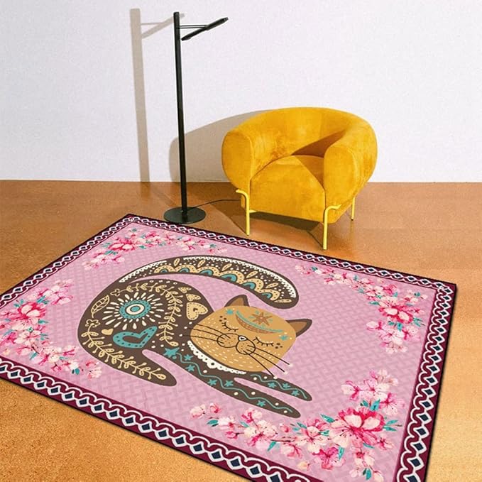 Cartoon Animal Pattern Area Rug Cute Cat Luxury Floral Decor for Carpet Farmhouse Bedroom Living Room Rugs Bathroom Kitchen Runner Mat Indoor Outdoor Non Slip Doormat 3' X 6'