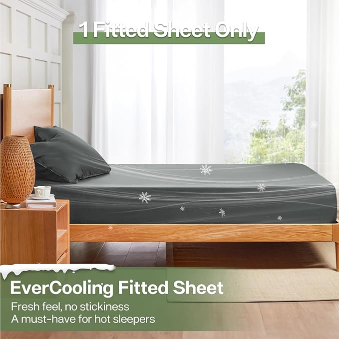 MR&HM Full Fitted Sheet Only, Ultra-Soft Rayon Derived from Bamboo & Polyester Blend, Silky & Breathable, 15" Deep Pocket with Elastic Straps, Cooling Fitted Sheet for Hot Sleepers, Dark Grey