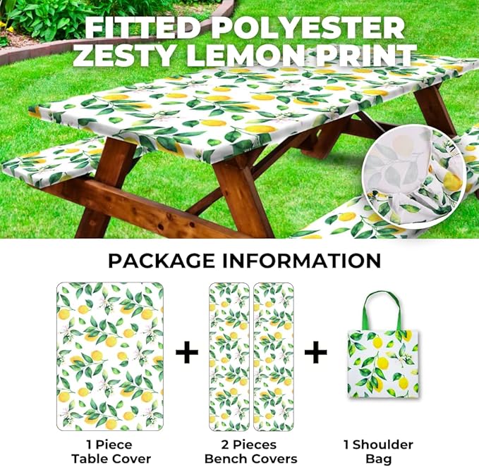 RNOONY 6ft Polyester Picnic Table Cover with Bench Covers Windproof & Waterproof Tablecloth, Perfect for Camping Gifts & RV Essentials, Cool Camping Gadgets, with Carrying Bag, 72x30 Inches, 4Pcs