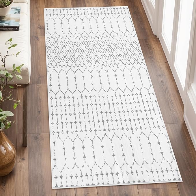 Lahome Moroccan Runner Rug for Hallway - 2x4 Rug Washable Non-Slip Small Carpet Runner Lightweight Throw Rubber Back Bath Carpet, Geometric Print Mat for Kitchen Entryway Bedroom (White, 2'x4')