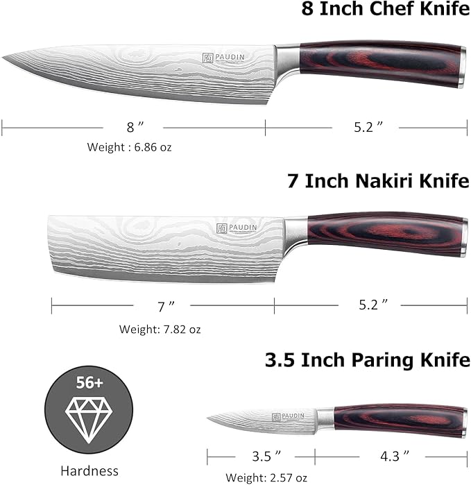 PAUDIN Kitchen Knife Set, 3 Piece High Carbon Stainless Steel Professional Chef Knife Set with Ultra Sharp Blade & Wooden Handle (Kitchen Knife Set 3 Pcs)