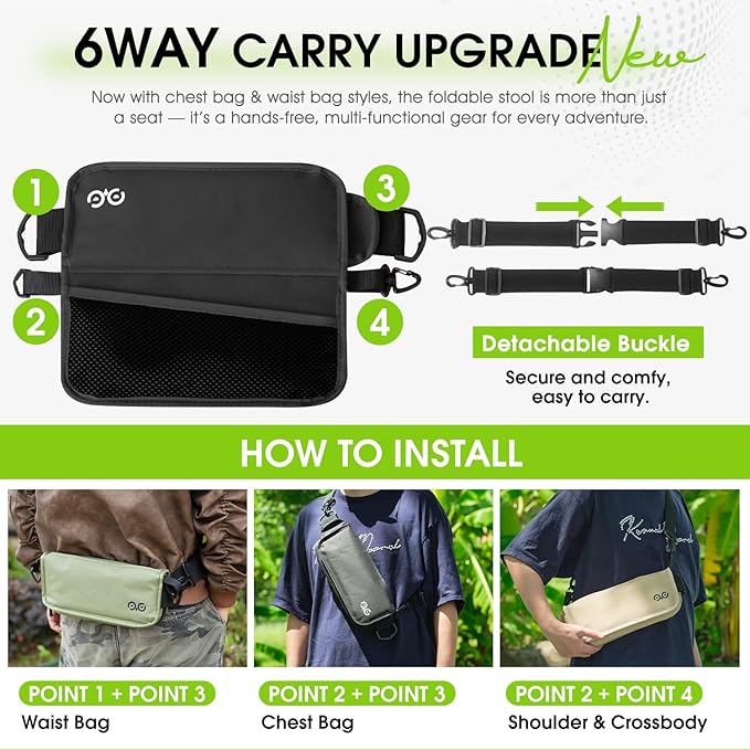 Camping Stool Upgraded Foldable Stool, Aluminum Alloy Bracket, 6 Ways to Carry Portable outdoorfolding Chair with Pocket for Queuing, Fishing,Hiking Tours, BBQ, Parties, Outdoor Camping Accessories
