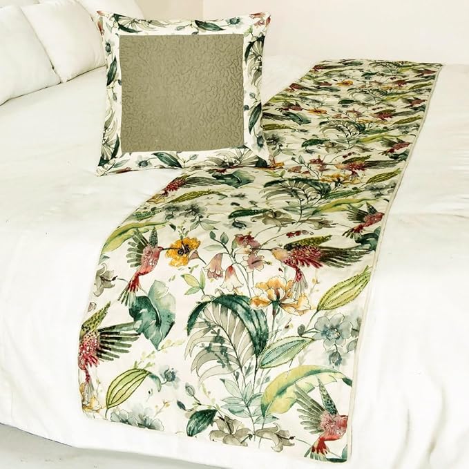 The HomeCentric King Queen Twin Ivory & Multi Designer CA King 86"x18" Bed Runner Without Pillow Cover, Bird, Sequins & Beaded Bed Scarf on Cotton Fabric - Exotic Birds