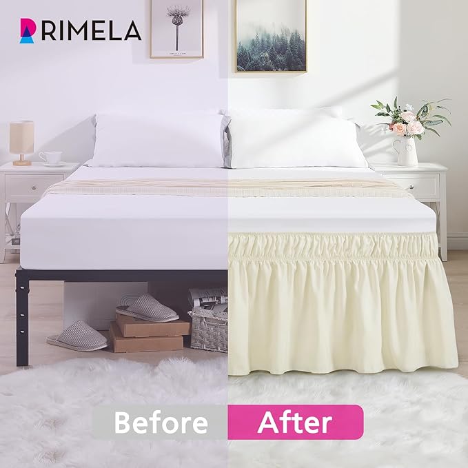 RIMELA Ivory Bed Skirt Queen Size 15 Inch Drop, Elastic Bed Skirting for Bed Base and Frame, Bedding Dust Ruffle Easy to Install, Lightweight Wrap Around Adjustable Bedskirt