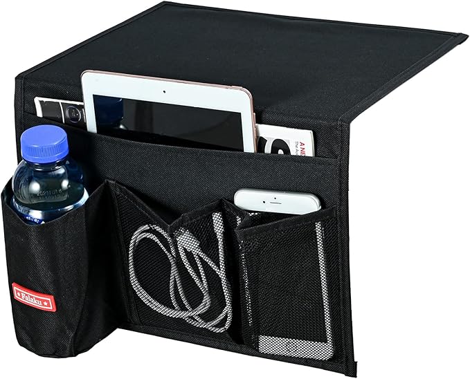 Bedside Caddy, 4 Pockets Bedside Organizer Caddy Under Mattress,Holds Water Bottles,Magazines,Books (Classic 4 Pockets-Black)