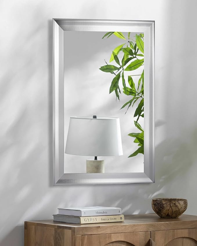 CULER Silver Wood Wall Mirror for Bathroom,Rectangle Rustic 24 x 36 inch Hanging Vanity Mirrors with Wooden Frame for Living Room,Bedroom,Entryway