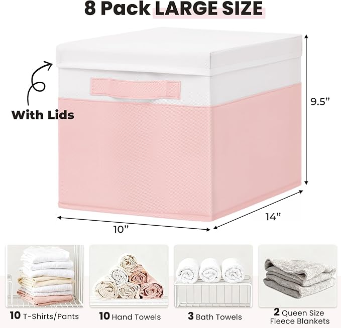 Large Closet Organizer Bins with Lids 8 Pack - Pink Storage Baskets for Shelves Nursery Bedroom Dorm RV - Stackable Decorative Closet Organization Box with Handles for Clothes Purse Blanket Towel