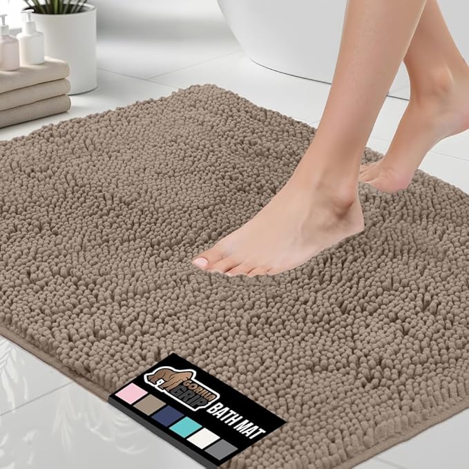 GORILLA GRIP Bath Rug Mat 60x24, Thick Absorbent Chenille, Quick Dry Microfiber Mats, Rubber Backing Washable Shower Floor Rugs, Bathmat Runner, US Designed Bathroom Home Decor Accessories Gray Beige