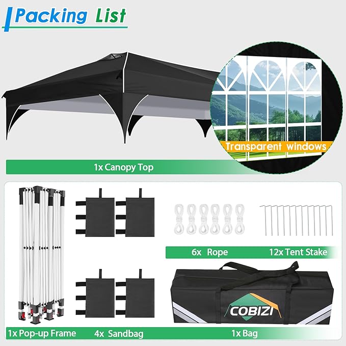 COBIZI 10x20 Pop up Canopy Tent with 4 Sidewalls Outdoor Canopy Tent for Party with Push Center Lock & Air Vent, 2000mm+Waterproof Gazebo Canopy UPF 50+with 4 Sandbags,12 Stakes & 6 Ropes,Black