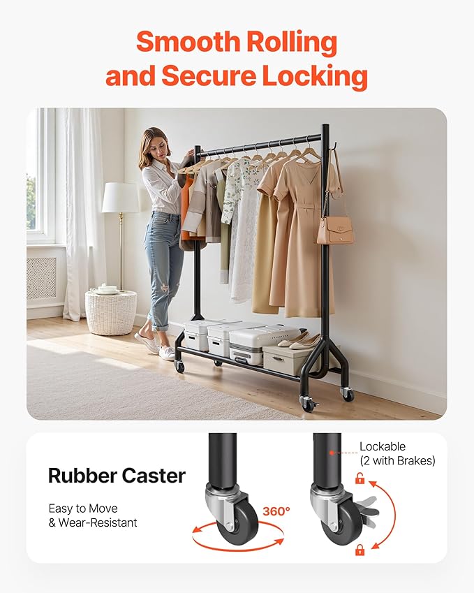 VEVOR Clothes Rack, Rolling Clothing Garment Rack with Hanging Rod and Side Hooks, 198 lbs Load Capacity, Heavy Duty Carbon Steel Clothing Racks with Wheels, Ideal for Bedroom, Laundry, Living Room