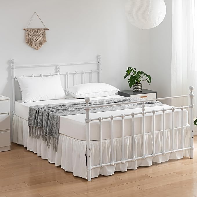 Bed Skirt Queen Size Ruffled Bed Skirt with Split Corners, 18 Inch Drop Dust Ruffle Bed Skirt with Platform, Ivory, Queen Size