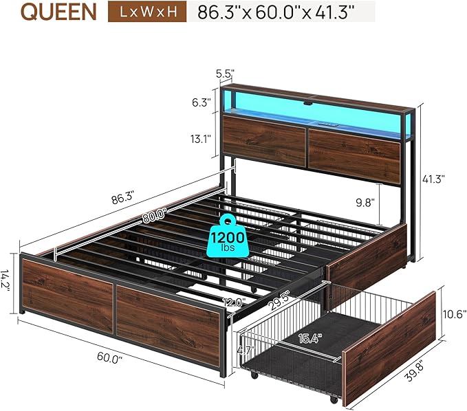Rolanstar Queen Bed Frame with 4 Storage Drawers & 2-Tier Storage Headboard