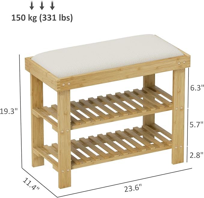 HOMCOM Bamboo Shoe Bench, 3-Tier Entryway Bench with Storage and Cushion, Shoe Organizer for Entryway, Hallway, Holds Up to 331 lbs, 23.6 x 11.4 x 19.3 Inches, Natural