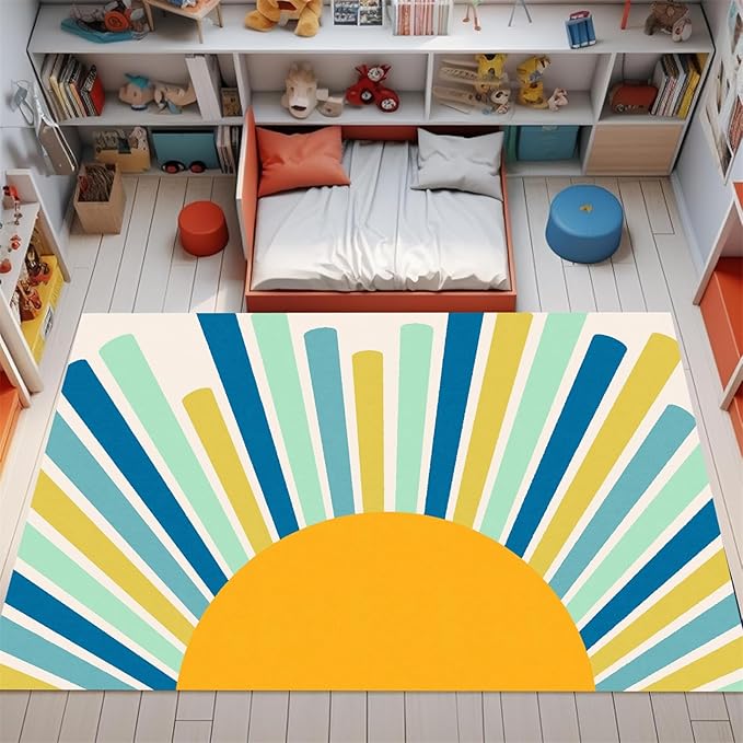 Rainbow Sun Area Rug,4x5ft,Boho Geometric Print Rug, Modern Mid-Century Colorful Rug for Kids Girls Boys Bedroom, Living Room, Classroom, Office Non-Slip Washable