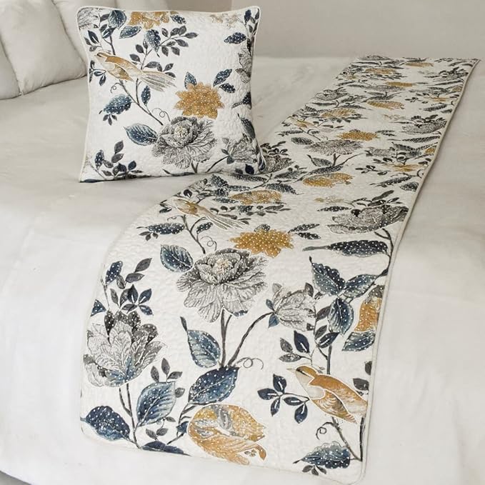 The HomeCentric King/Queen/Twin Blue & Ivory Decorative CA King 86"x18" Bed Runner with Pillow Cover, Bird, Pearl & Quilted Bed Scarf on Linen Fabric - Vintage Birdena