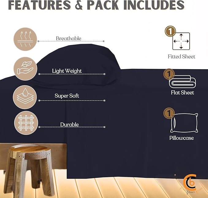 Twin Size Cot Sheet Set 25" x 75" x 9" 3 Piece - Cot Size Fitted Sheets fits Upto 9" with Narrow Twin/Camp Bunk/Rvs Bunk/Guest Beds/Trifold Mattress,Twin Sheet Set, Navy Blue