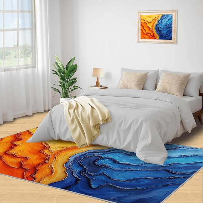 Navy Blue Rugs for Bedroom - 3x4 Area Rug - Abstract Blue Orange Rugs for Living Room, Modern Simple Art Rug, Washable Home Decor Carpet