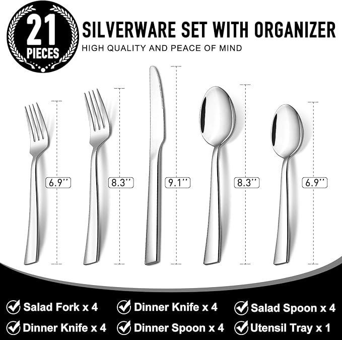 21-Piece Modern Stainless Steel Silverware Sets with Organizer Tray Silver Tableware Cutlery Set Fork Spoon and Knife Flatware Sets Heavy Duty Eating Kitchen Utensil Set Service for 4, Dishwasher Safe