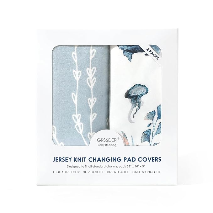 GRSSDER Stretch Ultra Soft Jersey Knit Changing Pad Cover Set 2 Pack, Change Table Pad Covers Fit 32"/34" x 16" Pads Safe and Snug, Sea Fish Print for Girls and Boys