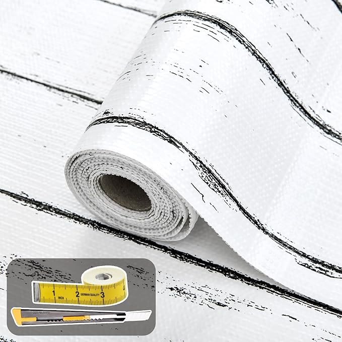 Shelf Liner for Kitchen Cabinets Non Adhesive Drawer Liner 17in x 20FT White Grain Non-Slip Thickened Shelf Liner Paper Strong Easy to Clean for Tool Box Refrigerator with Knife and Tape Measure