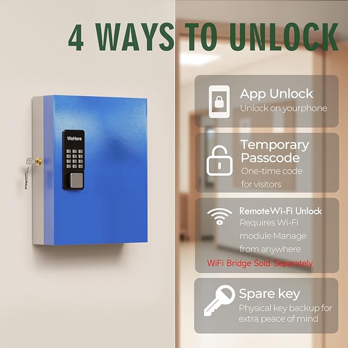 WeHere 32-Key Plus Smart Key Lock Box Wall Mount – Commercial Key Cabinet with App, Bluetooth & WiFi Unlock (Sold Separately), Access Log Tracking, Key Management System for Rental, Office, Property