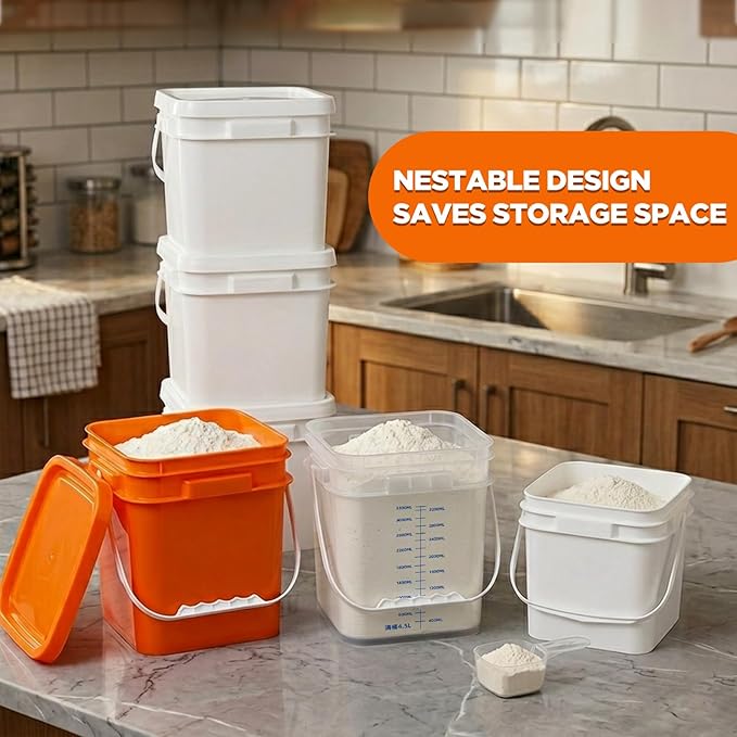 DEMORA 1.3Gallon Food Grade Square Plastic Bucket with Lid, Clear Airtight Storage Container, Reusable Pail for Kitchen Food Water Ice Cream Household Use 4Pcs (2 White+2 Transparent)
