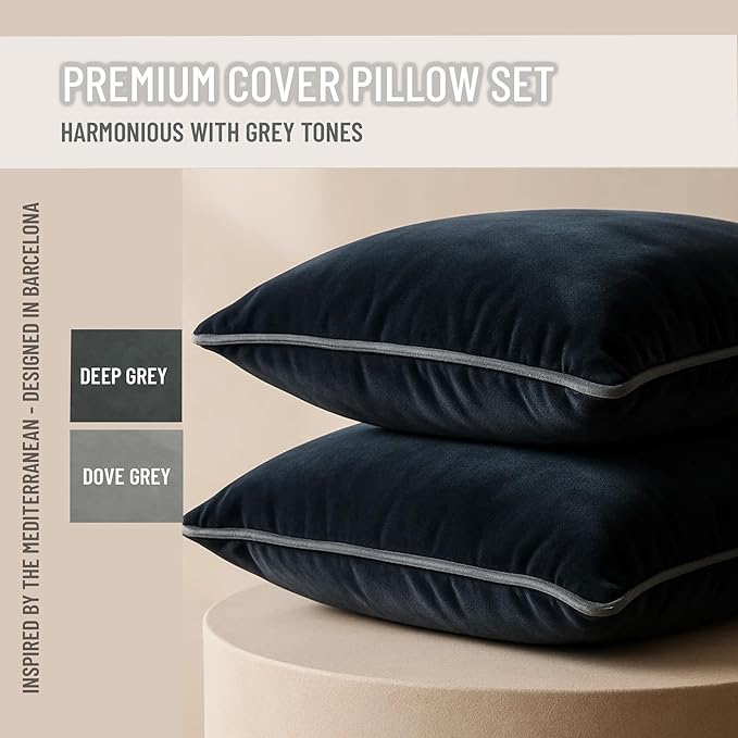 2 Pack Velvet Decorative Throw Pillow Covers, 20"x20", Navy Blue and Grey, Solid, Modern, Contrast Piping, Indoor Use, Bedroom & Living Room