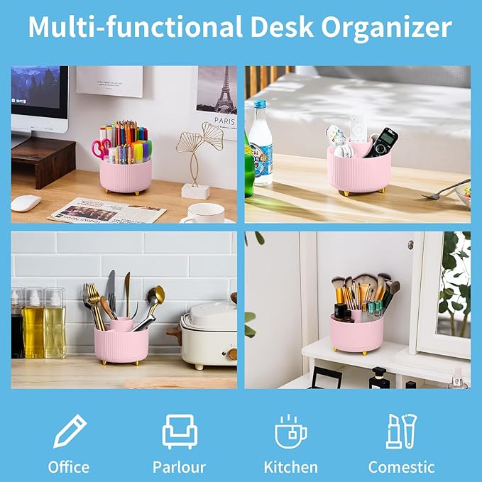 Marbrasse Desk Organizer, 360-Degree Rotating Pen Holder, Desk Organizers and Accessories with 5 Compartments Pencil Organizer, Art Supply Storage Box Caddy for Office, Home(Pink)