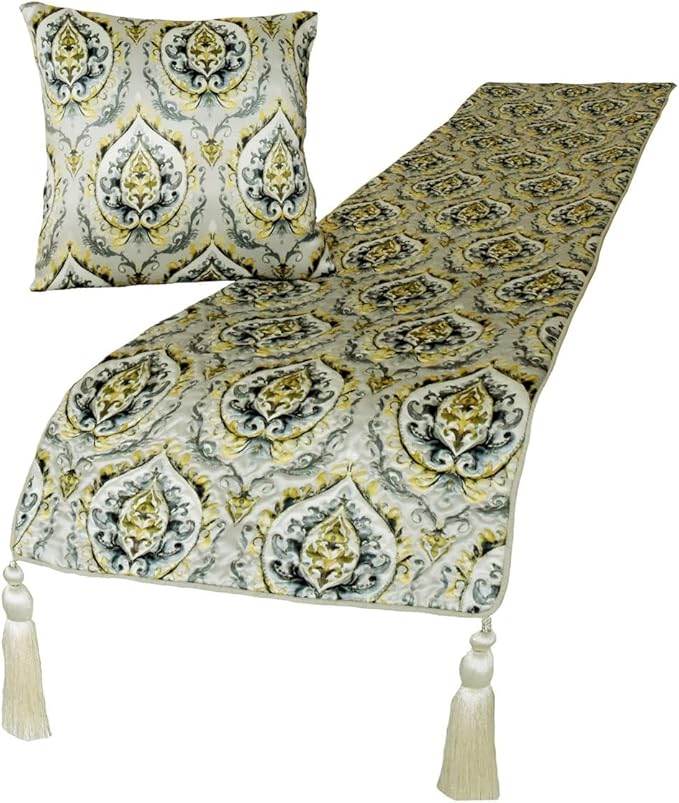 The HomeCentric King/Queen/Twin Grey & Yellow Designer King 90"x18" Bed Runner Without Pillow Cover, Quilted, Damask & Tassels Bed Scarf on Jacquard Fabric - Flamey Damask