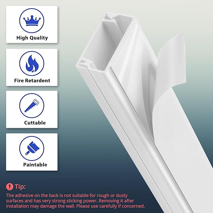 Cord Hider 132in White, W0.85in H0.5in Self-Adhesive Convenient Cable Raceway Kit, Wall Wire Hider Cable Hider for 2 Cords, Cord Cover for Wires on Wall Cable Management, Wire Covers for Cords
